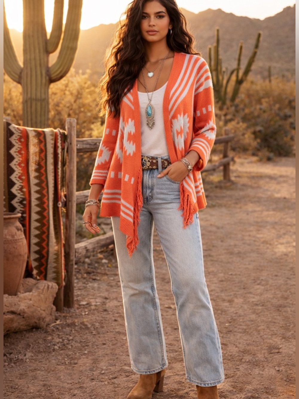 Umgee Tangerine Aztec Southwest Fringe Waterfall Cardigan Kimono Boho